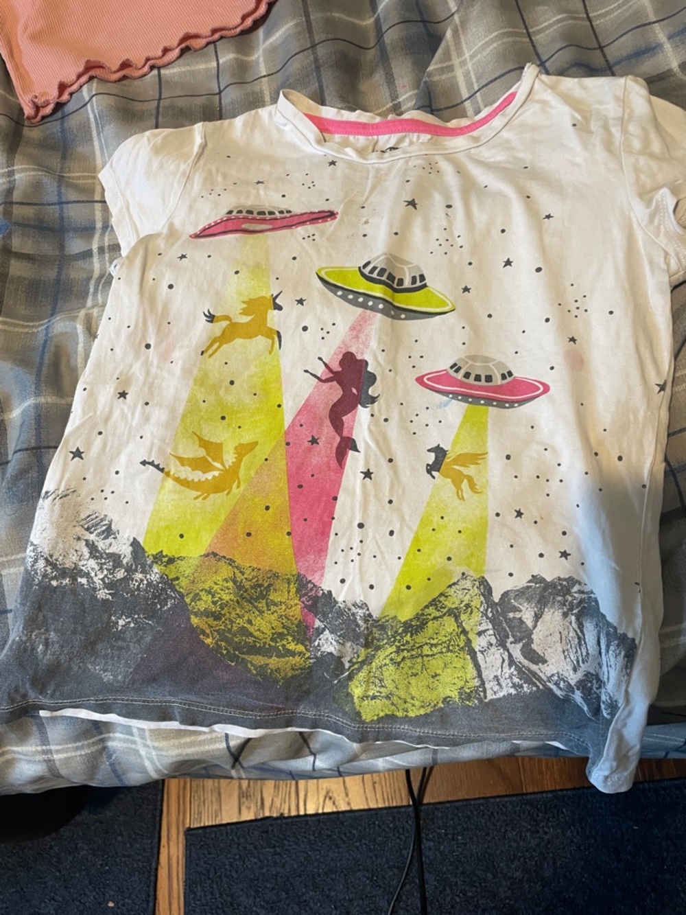 Girls' White Unicorn & UFO Graphic Short Sleeve Tee